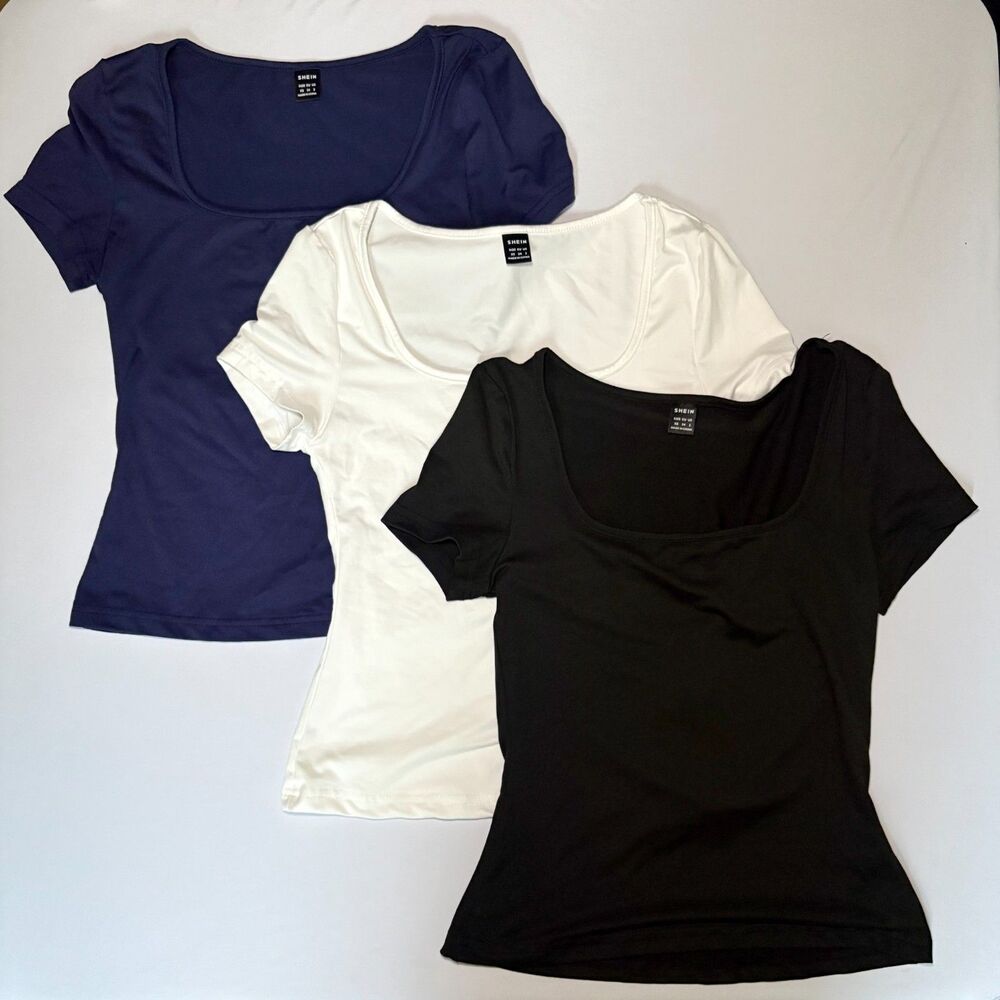 SHEIN 3 Pack Square Neck Fitted Short Sleeve Tops XS Black White Navy